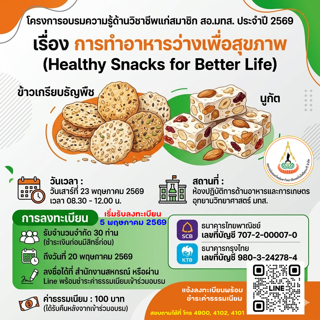 ขอเชิญสมาชิกร่วมโครงการอบรมความรู้ด้านวิชาชีพแก่สมาชิก สอ.มทส. ประจำปี 2569