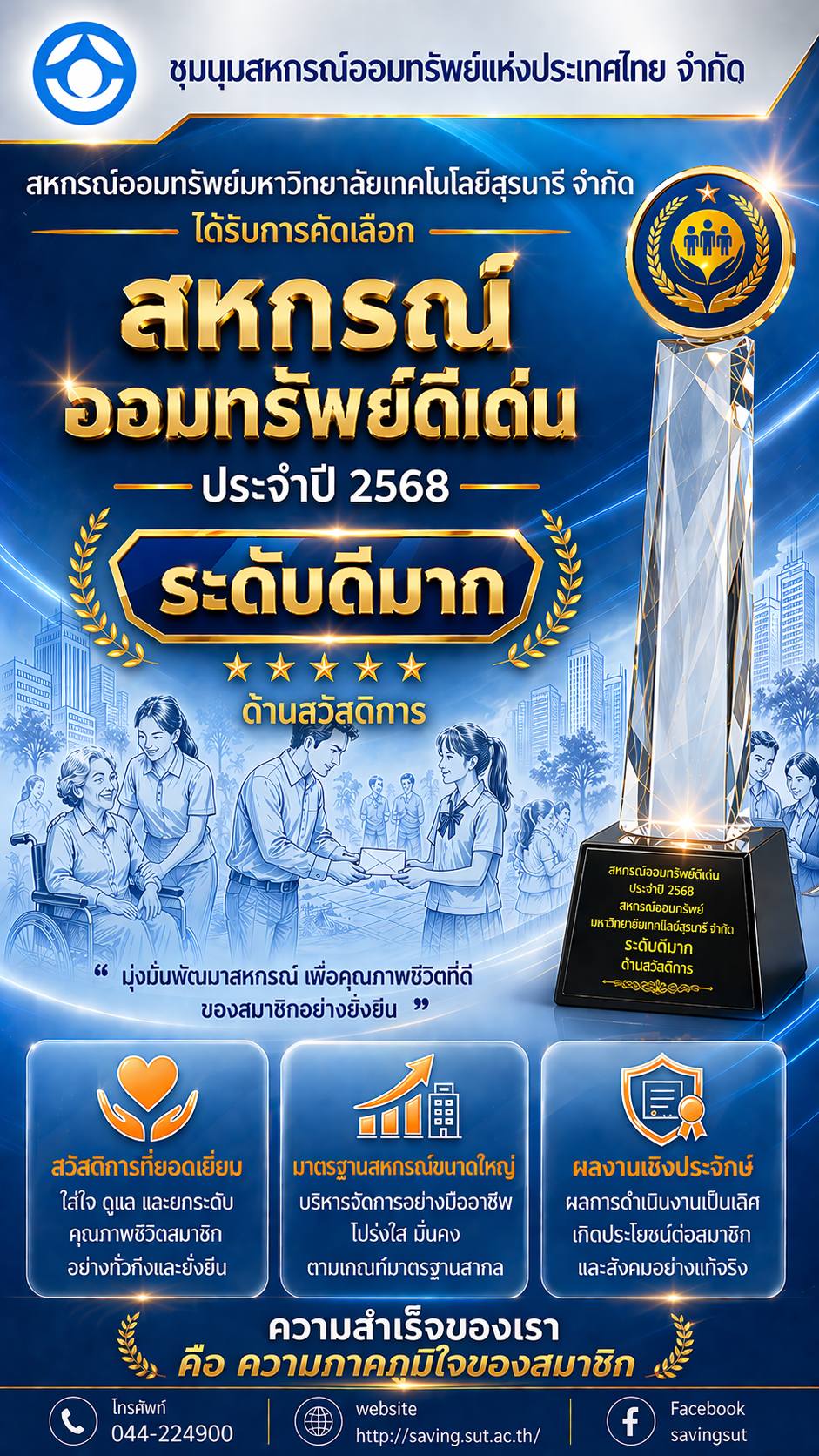 รางวัลสหกรณ์ดีเด่น ประจำปี 2568                (ด้านสวัสดิการ) ประเภทสหกรณ์ขนาดใหญ่  “ระดับดีมาก”